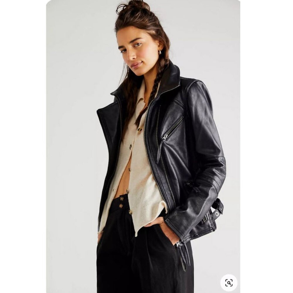Free People Cora Moto Leather Jacket In Black Sz S